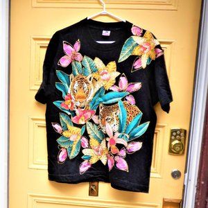 TOP *** Leopards / Tropic Greenery *** Gold Trim & Beads - XL